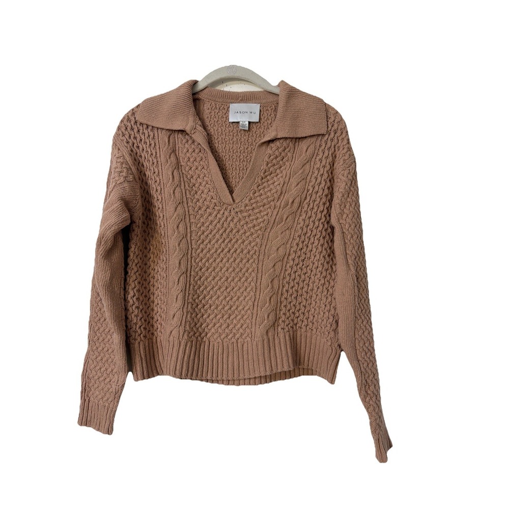 Jason Wu Womens Cable Knit V Neck Wool Sweater Size‎ Small Pullover Beige
